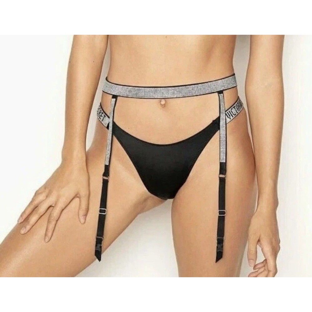 Victoria's Secret Very Sexy Shine Strap Bling Rhinestones Garter Belt Black M/L
